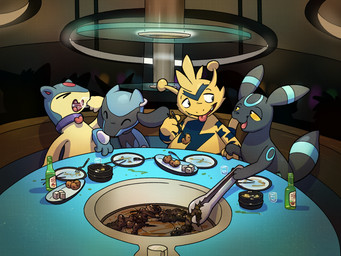 alcohol alcohol_bottle ambiguous_gender beverage beverage_bottle bottle collar container cooking cup drinking_glass ear_piercing ear_ring food glass glass_container glass_cup grill grilling group hand_on_hand imp-print_text jewelry meat piercing plant radish restaurant ring_piercing shot_glass soup tongs tools vegetable argon_vile nintendo pokemon jake_(blazingpelt) luca_(tygre) soju vile_(argon_vile) eeveelution electabuzz generation_1_pokemon generation_2_pokemon generation_4_pokemon pokemon_(species) quilava riolu umbreon hi_res