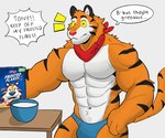 abs anthro barazoku biceps biped black_body black_fur black_stripes blue_clothing bowl bulge catchphrase cereal cereal_box clothed clothing container dialogue eyebrows food fur furniture grey_background kerchief looking_at_viewer male mascot milk muscular muscular_anthro muscular_male navel neckerchief neckwear orange_body orange_fur pecs pink_nose red_kerchief red_neckerchief simple_background solo speech_bubble standing striped_body striped_fur stripes table tail talking_to_viewer text underwear underwear_only white_body white_fur yellow_sclera ruffusbleu frosted_flakes kellogg's tony_the_tiger felid mammal pantherine tiger 2023 digital_media_(artwork) english_text hi_res