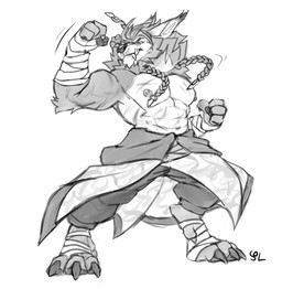 abs anthro arm_tuft beard braided_hair cheek_tuft clothed clothing ear_tuft ears_back elbow_tuft facial_hair facial_tuft front_view hair male male_anthro mouth_closed muscular muscular_anthro muscular_male narrowed_eyes neck_tuft pecs pivoted_ears pose solo standing topless tuft solaxe_(artist) canid canine mammal full-length_portrait hi_res monochrome portrait sketch