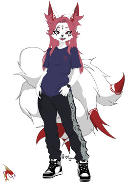5_tails anthro biped black_bottomwear black_clothing black_pants blue_clothing blue_shirt blue_topwear bottomwear clock clothing cosplay crossover_cosplay dipstick_tail female footwear fur hair looking_at_viewer markings multi_tail pants pink_eyes pink_hair red_tail_tip scar shirt shoes solo standing tail tail_markings topwear watch white_body white_fur wristwatch oylucca epic_games fortnite tekken kimiko_five-tails king_(tekken) canid canine fox mammal absurd_res crossover hi_res