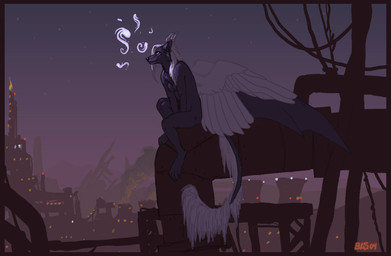 anthro breasts casual_nudity city cityscape detailed_background feathered_wings feathers female high_place industrial lights night nude outside perching pipe sky solo star starry_sky tail wings ssirrus canid canine canis mammal wolf 2004 digital_media_(artwork)