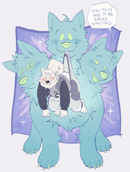 3_heads 4_toes 5_fingers ageplay ambiguous_gender anthro black_nose blue_body blue_fur blush blush_lines bodily_fluids bottomwear breasts carrying_another claws clean_diaper clothed clothing curled_tail dialogue diaper diaper_peekage diaper_under_clothing ellipsis fangs feet female feral fingers fur green_claws green_eyes green_nose green_toe_claws grey_bottomwear grey_clothing grey_pants grey_shirt grey_topwear group half-closed_eyes infantilism multi_head narrowed_eyes open_mouth open_smile pants roleplay shirt smile snaggle_tooth sparkles speech_bubble spiral spiral_eyes sweat sweatdrop tail teeth text toe_claws toes topwear wearing_diaper white_body white_diaper white_fur white_tail slusheep bluey_(series) european_mythology greek_mythology mythology bitsy_(vincent-silverpaw) ditsy_(vincent-silverpaw) itsy_(vincent-silverpaw) mommadog_(vincent-silverpaw) trixie_heeler canid canid_demon canine canis cerberus demon domestic_dog hellhound mammal mythological_canine mythological_creature nordic_sled_dog samoyed spitz english_text hi_res