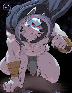 5_fingers anthro arm_wraps armpit_hair balls black_nipples body_hair claws dual_wielding feet fingers flaccid foreskin fur genitals grey_body grey_fur holding_object holding_weapon humanoid_genitalia humanoid_penis looking_at_viewer male muscular muscular_male nipples penis red_sclera sickle simple_background solo toes weapon wraps negy dreamworks puss_in_boots_(franchise) death_(puss_in_boots) canid canine canis mammal wolf 2023 digital_media_(artwork) hi_res signature