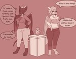 anthro big_breasts breasts bumpywish clothed clothing colored dialogue dragon duo english_text eyes_closed female fertility_idol hi_res mythological_creature mythological_scalie mythology pillar red_body scalie speech_bubble standing tail text thick_thighs wings