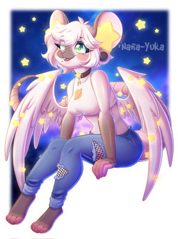 anthro barefoot bottomwear breasts choker clothing feathered_wings feathers feet female green_eyes hair jewelry looking_up necklace pants shirt short_hair simple_background smile solo star tail topwear white_clothing white_hair white_shirt white_topwear wings nana-yuka koutavi mammal mouse murid murine rodent 2025 digital_media_(artwork) full-length_portrait hi_res portrait