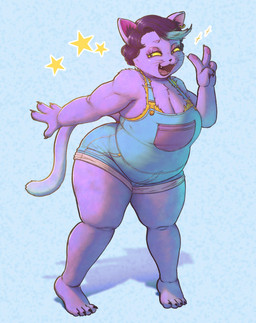 4_fingers 4_toes anthro barefoot belly biped breasts claws cleavage clothed clothing curvy_figure ear_piercing ear_ring fangs feet female finger_claws fingerpads fingers fur gesture hair hand_gesture highlights_(coloring) lidded_eyes narrowed_eyes open_mouth open_smile overalls overweight overweight_anthro overweight_female pawpads piercing pose purple_body purple_fur ring_piercing short_hair shortalls simple_background smile solo standing tail teeth thick_thighs tight_clothing toe_claws toes v_sign wide_hips yellow_sclera myosotisned undertale_(series) catty_cattenheimer domestic_cat felid feline felis mammal absurd_res digital_media_(artwork) full-length_portrait hi_res portrait