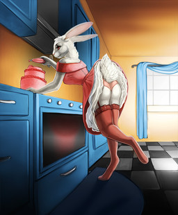 anthro bent_arm bent_leg biped breasts butt cake clothed clothing cooking curtains day dessert detailed_background digitigrade dress female floor food fur furgonomics garter_belt garter_straps grin hand_on_counter hand_on_surface inside jewelry kitchen leaning leaning_forward legwear light long_ears necklace orange_eyes panties perspective pink_clothing pink_dress pose raised_leg raised_tail rug short_tail simple_background smile snout solo standing stockings sunlight tail tail_under_skirt tail_upskirt tile tile_floor underwear upskirt white_body white_fur window theowlette lagomorph leporid mammal rabbit 2016 character_request digital_media_(artwork) digital_painting_(artwork) hi_res orange_theme painting_(artwork) shaded