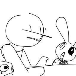 clothed clothing female male plushie smile the_weaver toybox_pals anon colt_(weaver) mr._bun-bun_(toybox_pals) equid equine horse human lagomorph leporid mammal rabbit comic monochrome