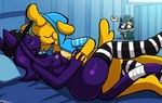 5_fingers anthro anthro_on_anthro bed big_breasts big_butt black_body black_clothing black_footwear black_fur black_hat black_headwear black_inner_ear black_mask black_nose black_socks blue_clothing blue_hoodie blue_topwear blush bottomless breasts butt clothed clothing cuddling duo_focus eyes_closed face_mask facial_markings female female/female female_on_bottom female_on_top fingers footwear french_kissing fur furgonomics furniture green_clothing green_hat green_headwear green_jacket green_topwear green_vest grey_body grey_fur grey_hair grey_nipples group hair hat head_markings headgear headwear hoodie hug interlocked_fingers interspecies jacket jacket_vest kissing legwear lying male markings mask_(marking) medium_breasts mostly_nude nipples on_bed on_bottom on_side on_top open_clothing open_hoodie open_mouth open_topwear orange_body orange_fur orange_hair pattern_clothing pattern_footwear pattern_legwear pattern_socks pillow purple_body purple_fur purple_hair shirtless socks speech_bubble striped_clothing striped_footwear striped_socks stripes tail tail_wraps tan_body tan_fur text text_on_clothing text_on_hat text_on_headwear thick_thighs thigh_highs thigh_socks tongue tongue_out topwear trio vest voyeur white_clothing white_footwear white_socks wraps zipper felino dumpling_(tricktrashing) stardust_(tricktrashing) trick_(tricktrashing) canid canine canis domestic_cat domestic_dog felid feline felis mammal procyonid raccoon 2022 hi_res japanese_text translated