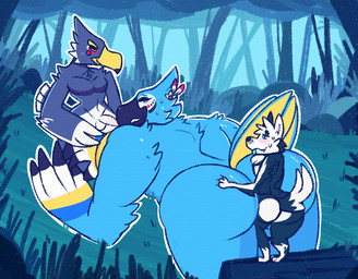 anal anal_penetration anthro beak big_butt black_body black_feathers black_fur blue_body blue_feathers blush bodily_fluids butt feathers from_behind_position fur genitals green_eyes group larger_male larger_penetrated larger_sub log looking_back looking_pleasured male male/male male_penetrated male_penetrating male_penetrating_male multicolored_body multicolored_feathers multicolored_fur outside penetration penile penile_penetration penis penis_in_ass plant rear_view sex size_difference smaller_male submissive sweat thick_thighs trio two_tone_body two_tone_feathers two_tone_fur white_body white_feathers white_fur wood yellow_body yellow_eyes yellow_feathers clawzetto breath_of_the_wild nintendo the_legend_of_zelda kass_(tloz) revali sephie_(anirecast) avian bird border_collie canid canine canis collie domestic_dog herding_dog mammal pastoral_dog rito sheepdog digital_media_(artwork)