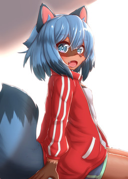 anthro blue_body blue_eyes blue_fur blue_hair brown_body brown_fur clothed clothing cute_fangs fangs female fluffy fluffy_tail fur hair jacket kemono looking_at_viewer open_mouth short_hair sitting solo tail teeth topwear horokusa0519 brand_new_animal studio_trigger michiru_kagemori canid canine mammal raccoon_dog tanuki hi_res