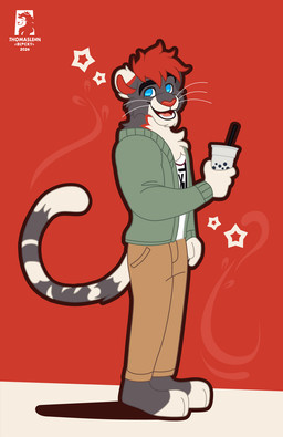 anthro barefoot beverage blue_eyes bubble_tea clothed clothing feet fur grey_body grey_fur hair male open_mouth open_smile red_background red_hair simple_background smile solo whiskers white_body white_fur thomasleon zaar felid feline hybrid lion mammal pantherine snow_leopard