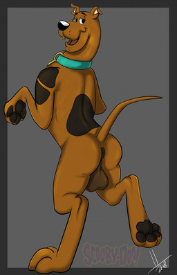 anus balls black_spots brown_body brown_fur butt collar collar_only feral fur genitals looking_at_viewer looking_back looking_back_at_viewer male nude raised_tail semi-anthro smile solo spots tail disturbed-mind hanna-barbera scooby-doo_(series) scooby-doo canid canine canis domestic_dog great_dane mammal mastiff molosser digital_media_(artwork) hi_res