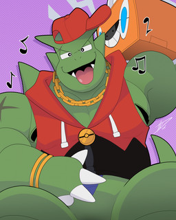anthro boombox bottomless bottomless_anthro bottomless_male chain_necklace clothed clothing front_view green_body hat headgear headwear holowear_(pokemon) jewelry looking_at_viewer male musical_note musical_symbol necklace pokeball_symbol red_clothing sideways_hat sleeveless_hoodie solo symbol tongue tongue_out hikazedragon nintendo pokemon pokemon_unite hip-hop_style_tyranitar animate_inanimate generation_2_pokemon generation_4_pokemon pokemon_(species) rotom tyranitar 2023 hi_res