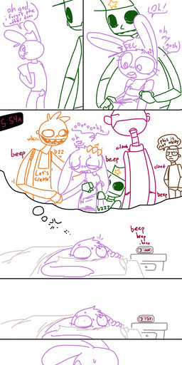anthro bed bodily_fluids clock clothing darky's_disapproval dream female flat_chested furniture group hat headgear headwear lying machine male on_front role_reversal suggestive sweat text torn_clothing undressing the_weaver five_nights_at_freddy's five_nights_at_freddy's_2 scottgames bonnie_(fnaf) fritz_smith jeremy_fitzgerald mike_schmidt animatronic human lagomorph leporid mammal rabbit robot english_text hi_res