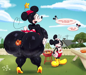 anthro apron big_breasts big_butt black_body blush bottomwear breasts butt clothing duo female food footwear genitals hat headgear headwear hot_dog huge_breasts huge_butt male meat object_insertion pants sausage shoes skirt text vulva rabbit5gamer disney mickey_mouse minnie_mouse mammal mouse murid murine rodent english_text hi_res