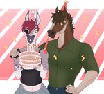 anthro birthday cake candle clothed clothing dessert duo eye_patch eyewear female food fur hair male male/female midriff simple_background smile marleybraun broderick_longshanks mira-donk_(miraoff) equid equine horse mammal absurd_res digital_media_(artwork) hi_res