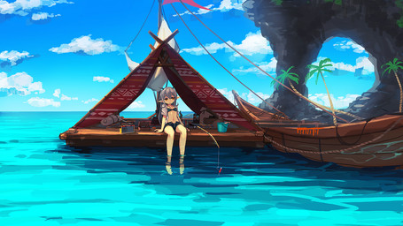 amber_eyes bikini bikini_top boat bottomwear clothing day electronics female fishing grey_hair hair horn long_hair looking_at_viewer navel outside palm_tree partially_submerged plant radio sea shorts sitting smile solo swimwear tree two-piece_swimsuit vehicle water watercraft deadflow mythology kuryuu_kohaku animal_humanoid dragon dragon_humanoid humanoid mythological_creature mythological_scalie scalie 2015 hi_res