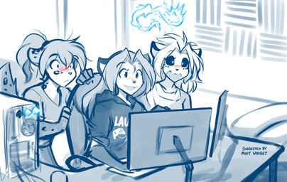 anthro black_sclera blush chair clothed clothing computer electronics embarrassed eyes_closed female furniture glowing glowing_eyes group hair hoodie monitor open_mouth open_smile ponytail shocked sitting smile table text topwear trio wide_eyed conditional_dnp tom_fischbach twokinds kathrin_vaughan laura_(twokinds) willow_wisp canid canine felid fox hybrid keidran lion mammal pantherine red_fox spirit true_fox will-o'-the-wisp 2022 adobe_photoshop_(artwork) digital_media_(artwork) hi_res monochrome sketch