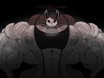 abs biceps big_muscles bodily_fluids breath clothing horror_(theme) huge_muscles hyper hyper_muscles looking_at_viewer looming_over male mask murderer muscular nipples pecs rabbit_mask solo sweat text torn_clothing traps vein veiny_muscles white_eyes boldemonic humanoid monster 4:3 detailed english_text hi_res