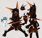 anthro black_body black_fur black_hair black_hole black_sclera blue_hair blush breasts claws duo female fur gradient_eyes gradient_hair green_hair hair kemono looking_at_viewer messier_87 necktie nipples nude orange_body orange_eyes orange_fur orange_nipples orange_pawpads orange_tongue pawpads personification portal simple_background smile thin_calves thin_legs thin_thighs tongue white_body white_fur yellow_body yellow_eyes yellow_fur kaltespur black_hole_(kaltespur) earth-chan messier_87_(personification) canid canine celestial_being mammal hi_res