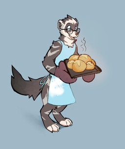 anthro apron barefoot bread claws clothing digitigrade eyewear feet food glasses male paws pel solo toe_claws toes cooper_mordaut domestic_ferret mammal mustelid musteline true_musteline weasel hi_res