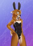 anthro black_nose blue_eyes bow_(feature) bow_in_front bow_tie brown_body brown_fur bunny_costume clothing costume femboy fur hair humanoid_hands latex latex_clothing long_hair male multicolored_body multicolored_fur simple_background smile solo two_tone_body two_tone_fur white_body white_fur bindweed_(artist) ewan_j._redding deer mammal new_world_deer white-tailed_deer absurd_res hi_res