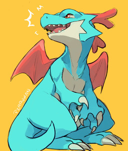 2_horns ambiguous_gender anthro biped blue_body claws glistening glistening_eyes horn lighter_belly looking_aside membrane_(anatomy) membranous_wings red_eyes red_horn red_wings semi-anthro sharp_teeth simple_background snout solo standing tail tapering_tail teeth wings yellow_background pirruwan bandai_namco digimon digimon_(species) dracomon absurd_res digital_drawing_(artwork) digital_media_(artwork) english_description hi_res signature
