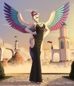 anthro big_breasts black_clothing black_dress blue_eyes blue_hair breasts building castle clothed clothing cloud cobblestone colored_nails cutie_mark door dress exposed_thighs eyebrows feathers female fetlocks fingernails flag flag_(object) fur grass grey_fingernails grey_hooves grey_nails hair hands_on_hips hands_on_own_hips hooves jewelry lips lipstick logo makeup mountain multicolored_body multicolored_feathers multicolored_hair multicolored_tail nails narrowed_eyes neck_jewelry necklace neckwear pathway pink_eyebrows pink_hair pink_lips pink_lipstick plant shrub smile smiling_at_viewer solo spread_wings sunset tail teeth text tree white_body white_fur window wings clearvision hasbro hollow_hip_backless_chain_dress mlp_g5 my_little_pony mythology zipp_storm_(mlp) equid equine mammal mythological_creature mythological_equine pegasus absurd_res artist_name hi_res signature