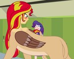 blonde_hair blue_eyes blush female flirting hair locker long_hair multicolored_hair purple_hair red_hair two_tone_hair white_body white_skin wings badumsquish equestria_girls hasbro my_little_pony mythology rarity_(eg) sunset_shimmer_(eg) felid humanoid mammal mythological_creature mythological_sphinx hi_res