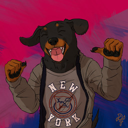 anthro bisexual_pride_colors black_body black_fur black_nose clothing eyes_closed floppy_ears fur grey_clothing grey_jacket grey_shirt grey_topwear jacket lgbt_pride male new_york open_mouth pawpads pride_color_background pride_colors shirt simple_background solo teeth tongue tongue_out topwear hagatana daft_punk charles_(daft_punk) stephen_(step_omg) canid canine canis dachshund domestic_dog hunting_dog mammal