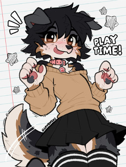 4_fingers absolute_territory ambiguous_gender anthro bar_emanata biped black_body black_bottomwear black_clothing black_ears black_fur black_hair black_legwear black_nose black_skirt black_thigh_highs blush blush_lines bottomwear brown_body brown_fur cheek_tuft chest_tuft claw_pose claws clothed clothed_anthro clothing collar collar_tag countershade_face countershade_fur countershade_legs countershade_neck countershade_tail countershade_thighs countershade_torso countershading emanata excited eyebrows eyelashes facial_tuft fingers floppy_ears folded_ears freckled_face freckles fully_clothed fully_clothed_anthro fur fur_tuft hair happy legwear looking_at_viewer miniskirt monotone_collar motion_lines motion_outline multicolored_body multicolored_fur notebook_paper_background path_lines pawpads pawprint_collar_tag pink_collar pleated_skirt pose shoulderless_sweater simple_background skirt snout solo standing star_polygon tail tail_motion tailwag tan_clothing tan_sweater tan_topwear text thigh_highs tongue tongue_out topwear triangle_nose tuft white_background white_body white_fur white_sclera jayrnski canid canine canis domestic_dog mammal 2026 digital_media_(artwork) english_text hi_res portrait signature three-quarter_portrait