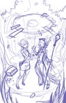 anthro beak chest_(container) clothed clothing detailed_sketch duo female plant staff technology tree kiaun perico straviios avian bird elf humanoid monochrome sketch