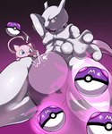 ambiguous_gender anthro belly big_belly blue_eyes duo featureless_crotch foreshortening low-angle_view master_ball pink_body pokeball purple_eyes purple_tail tail thick_tail thick_thighs white_body wide_hips zerrymon nintendo pokemon generation_1_pokemon legendary_pokemon mew_(pokemon) mewtwo pokemon_(species) hi_res