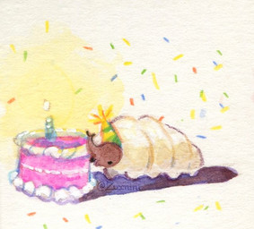 1_horn ambiguous_feral ambiguous_gender birthday_cake birthday_candle brown_face brown_horn cake candle clothing confetti dessert dot_eyes eating eating_food feral food hat headgear headwear horn lit_candle multi_leg multi_limb party_hat pink_cake segmented_body shadow side_view simple_background simple_eyes solo text white_background white_body zuccnini arthropod beetle grub_(insect) insect larva 2026 alternate_version_at_source artist_name painting_(artwork) watercolor_(artwork)