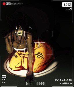 anthro big_breasts biped black_body black_fur black_sclera bone breasts camera_view cleavage clothed clothing clothing_around_waist dim_lighting female front_view fur greeting_viewer jumpsuit kneeling long_tongue looking_at_viewer no_pupils orange_jumpsuit recording seiza sitting skull skull_head solo text tongue tongue_out torn_clothing white_eyes alihsart scp_foundation scp-1471-a canid canine malo mammal artist_name digital_drawing_(artwork) digital_media_(artwork) hi_res