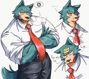 anthro belt big_muscles bodily_fluids bottomwear cigarette clothed clothing collared_shirt crossed_arms dialogue dialogue_box dress_shirt ellipsis frown fur male muscular muscular_anthro muscular_male narrowed_eyes necktie note pants profanity scar shirt sigh simple_background smoking solo standing sweat swirl tape text topwear tuft white_background teseirei beastars legoshi_(beastars) canid canine canis mammal wolf 2022 english_text hi_res