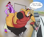 anthro belly big_belly big_butt black_body black_nose blush bodily_fluids butt car clothing cum detailed_background dialogue ejaculation erection genital_fluids genitals grey_body group hat headgear headwear humanoid_hands inside_car inside_vehicle male male/male obese obese_male overweight overweight_male penis shirt text topwear vehicle osos eli_(shabadablue) kidden_eksis bovid caprine goat lagomorph leporid mammal rabbit 2022 english_text