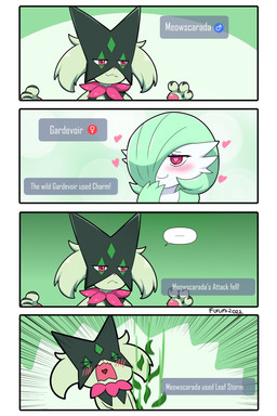 anthro blush female fur green_body green_fur heart_eyes heart_symbol leaf male male/female furumi92 nintendo pokemon felid gardevoir generation_3_pokemon generation_9_pokemon humanoid mammal meowscarada pokemon_(species) comic hi_res