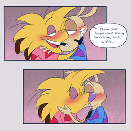 anthro black_eyes black_nose blonde_hair blue_clothing blue_shirt blue_topwear blush blush_lines buckteeth clothing duo eye_contact fur hair half-closed_eyes hand_on_arm hand_on_face kissing long_ears looking_at_another love male male/male multicolored_clothing multicolored_shirt multicolored_topwear narrowed_eyes pink_clothing pink_shirt pink_topwear purple_clothing purple_eyes purple_nose purple_shirt purple_topwear romantic romantic_couple shirt side_view tan_body tan_ears tan_fur teeth text toony topwear two_tone_clothing two_tone_shirt two_tone_topwear yellow_body yellow_fur 8-bit-britt nickelodeon rocko's_modern_life the_angry_beavers norbert_beaver rocko_rama beaver macropod mammal marsupial rodent wallaby 2026 comic digital_media_(artwork) english_text hi_res