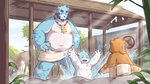 anthro belly blue_body blue_fur brown_body brown_fur detailed_background eyes_closed fur humanoid_hands kemono male moobs nipples outside overweight overweight_male towel water white_body white_fur young young_anthro wolfsoul bonasiah full_attack sophring_hao sophring_jie bear mammal 16:9 2021 hi_res widescreen