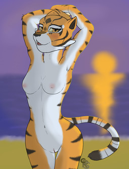 anthro beach black_body black_fur black_stripes blush breasts female fur genitals hands_behind_head humanoid_genitalia humanoid_vulva looking_at_viewer navel nipples nude nude_beach open_mouth orange_body orange_fur outdoor_nudity outside raised_arms sea seaside simple_background sky smile solo standing striped_body striped_fur stripes sunset teeth tongue vulva water white_body white_fur c-r-s dreamworks kung_fu_panda master_tigress felid mammal pantherine tiger digital_media_(artwork) hi_res