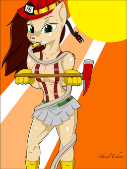 abstract_background anthro armor axe boots bottomwear breasts brown_hair clothing female firefighter footwear fur gloves green_eyes hair handwear headgear helmet hose melee_weapon shoes simple_background skirt solo water weapon howl_echoes mammal unknown_species 3:4 absurd_res digital_media_(artwork) hi_res