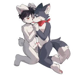 4_toes anthro balls black_hair blue_eyes blush bodily_fluids duo erection eye_contact feet foreskin genital_fluids genitals hair half-closed_eyes hand_holding head_tuft humanoid_genitalia humanoid_penis inner_ear_fluff kerchief kneeling looking_at_another male male/male narrowed_eyes navel neckerchief neckwear nipples nude pawpads penis pink_nipples pink_pawpads precum pupils red_eyes short_hair simple_background tail toes tongue tongue_out tuft white_background white_pupils young arnd_dawn spicy_coffee01 canid canine canis lagomorph leporid mammal rabbit wolf 1:1 colored digital_drawing_(artwork) digital_media_(artwork) hi_res shaded