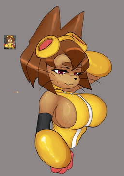 anthro big_breasts black_nose bodily_fluids breasts brown_body brown_fur brown_hair clothing eyelashes eyewear eyewear_on_head female front_view fur goggles goggles_on_head grey_background hair pink_eyes short_hair side_boob simple_background solo sweat whiskers yellow_clothing phrenpai gameoverse glitch_productions kit_bodega domestic_cat felid feline felis mammal absurd_res hi_res