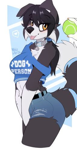 anthro biped blush bottomwear breasts clothed clothed_anthro clothed_female clothing collar countershade_torso countershading female front_view fully_clothed fully_clothed_anthro fully_clothed_female fur hair looking_at_viewer navel pants solo standing tail tongue tongue_out topwear wolflady chloe_(abananaman) border_collie canid canine canis collie domestic_dog herding_dog mammal pastoral_dog sheepdog 1:2 2026 digital_drawing_(artwork) digital_media_(artwork)