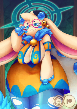 adjusting_glasses anthro bell bell_collar big_breasts blue_eyes blue_horn breasts cleavage clothed clothed_female clothing collar curvy_figure detailed_background dress eyewear female female_anthro full_cleavage fully_clothed fully_clothed_female glasses horn huge_breasts legwear logo long_ears orange_clothing orange_dress red_eyewear red_glasses solo stockings torn_clothing torn_legwear torn_stockings voluptuous voluptuous_female nyabellart atlyss angela_flux oathkin_(atlyss) 2025 artist_logo hi_res