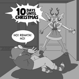 anthro antlers clothing cloven_hooves detailed_background dialogue door doorway duo ear_piercing eyebrows eyelashes female hooves horn inner_ear_fluff lying male on_side open_mouth piercing standing text tuft drawligator goofy_time renata_(drawligator) deer human mammal new_world_deer 1:1 2025 english_text greyscale hi_res meme monochrome