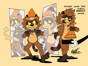 anthro barefoot beanie bottomless brown_body brown_fur casual_exposure censor_bar chest_tuft clothed clothing confusion dialogue feet fur gesture hair hand_gesture hat headgear headwear looking_at_viewer male markings nude null ring_(marking) ringed_tail shirt simple_background solo striped_markings striped_tail stripes tail tail_markings text toony topwear tuft undressing yellow_eyes why2kz kz_(why2kz) mammal procyonid raccoon 4:3 english_text signature