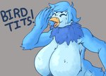 anthro avian beak big_breasts bird bird_tits_(meme) blue_body blue_feathers breasts feathers female huge_breasts martlet_(undertale_yellow) nude open_mouth signirsol solo tagme text undertale_(series) undertale_yellow